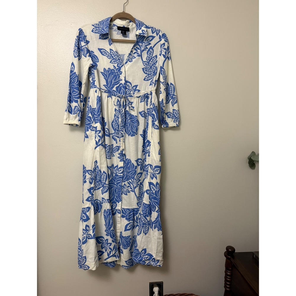 Tahari Blue White Floral Linen Blend Maxi Dress Button Front Tiered XS
